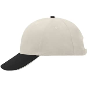 A 6-panel sandwich cap in cream with a black brim, featuring a logo on the side.