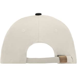 A beige 6 panel sandwich cap featuring a black button on top and an adjustable strap at the back.