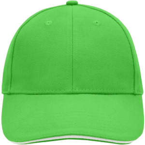 A bright green 6-panel sandwich cap with a curved brim and a logo on the front.