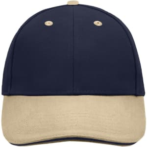 A 6 panel sandwich cap featuring a navy blue top and a beige brim, with a logo on the front.
