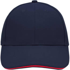 A navy blue six-panel sandwich cap with a red underbrim and a logo on the front.