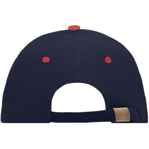 A navy blue 6 panel sandwich cap featuring a red button and eyelets, with an adjustable strap at the back.