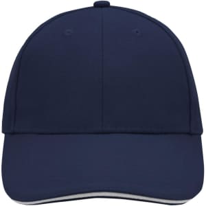 A navy blue 6 panel sandwich cap with a structured design and a logo on the front.
