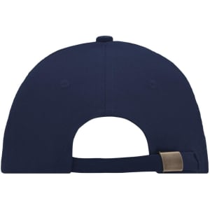A navy blue 6-panel sandwich cap featuring a rear adjustable strap and a logo on the back.