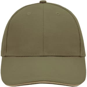 A khaki 6 Panel Sandwich Cap featuring a curved brim and a logo on the front.
