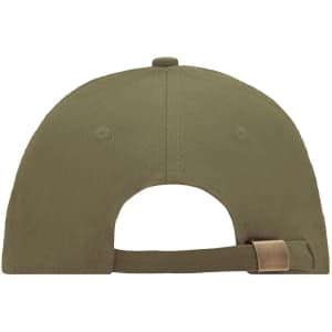 A khaki 6 panel sandwich cap featuring a plain back, complete with a metal clasp and ventilation holes.