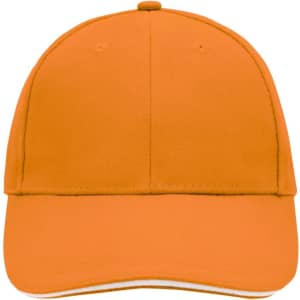 An orange 6 panel sandwich cap featuring a solid design and a logo on the front.