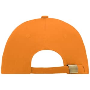 An orange 6 panel sandwich cap featuring a rear adjustment strap and a logo on the back.