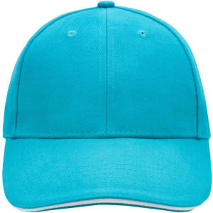 A turquoise 6 panel sandwich cap with a rounded crown and a curved brim, featuring a logo.