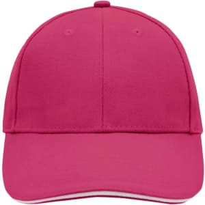 A pink 6 panel sandwich cap with a curved brim, featuring a brand logo on the front.