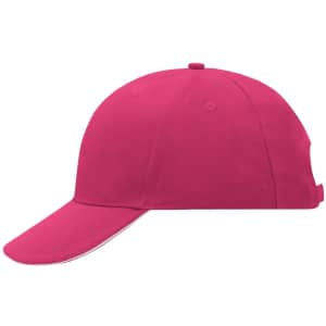 A pink 6 panel sandwich cap with a curved brim and a logo on the front. The cap has an adjustable strap at the back.