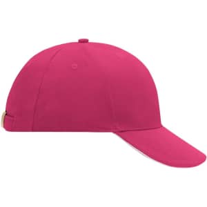 A pink six-panel sandwich cap with a curved peak and a logo on the side.