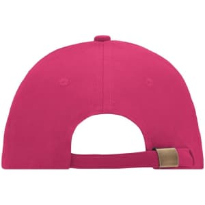 A pink six-panel sandwich cap with a buckle closure at the back and ventilation holes.