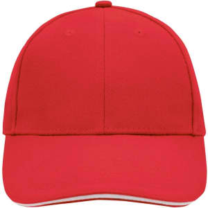 A red 6 panel sandwich cap featuring a logo, with a structured design and curved peak.