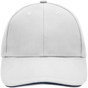 A grey 6 panel sandwich cap with a curved brim and a logo on the front.