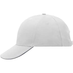 A grey 6 Panel Sandwich Cap featuring a curved brim and an adjustable strap at the back. Includes a logo.
