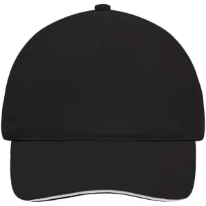 A black 5 Panel Sandwich Cap featuring a simple design and a logo on the front.