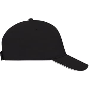 A black 5 Panel Sandwich Cap featuring a curved peak and a logo on the side.