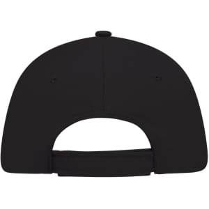 A black 5 Panel Sandwich Cap featuring a curved brim and adjustable strap at the back. Includes a logo.
