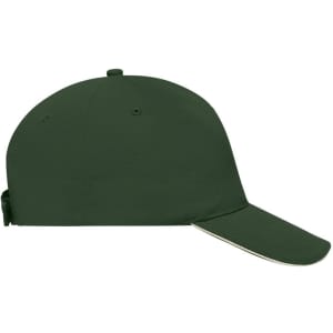 A green 5 Panel Sandwich Cap featuring a curved brim and an adjustable strap at the back. It has a logo.