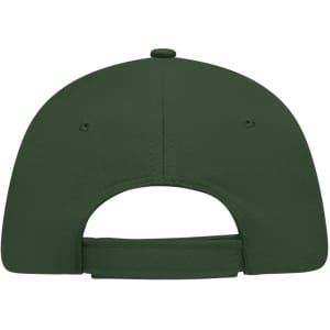 A green 5 panel sandwich cap featuring a logo on the back and an adjustable strap.