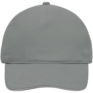 A grey 5 Panel Sandwich Cap featuring a curved brim and a logo on the front. Smooth fabric texture.