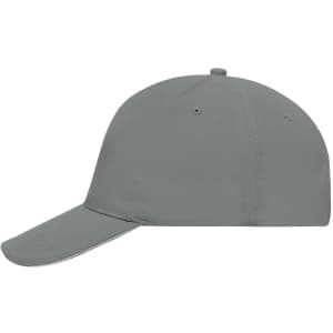 A grey 5 panel sandwich cap with a curved peak and stitching details. Features a logo on the front.