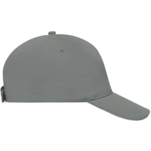 A grey 5 panel sandwich cap featuring a curved brim and an adjustable strap at the back. It has a logo on the front.