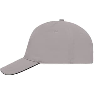 A grey 5 Panel Sandwich Cap with a curved peak and a logo on the side.