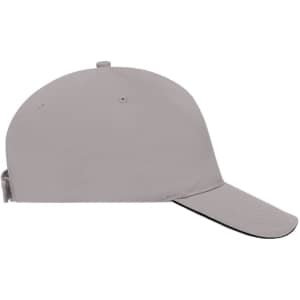 A 5 panel sandwich cap in a light grey colour with a black underside, featuring a logo on the front.