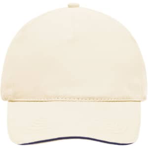 A beige 5 Panel Sandwich Cap with a curved brim and a logo on the front.