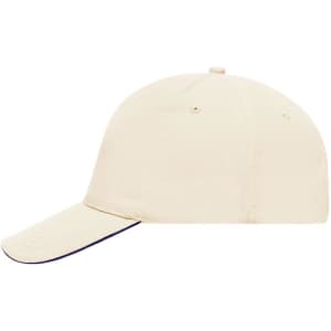 A beige 5 Panel Sandwich Cap with a curved brim and an adjustable strap at the back, featuring a logo.