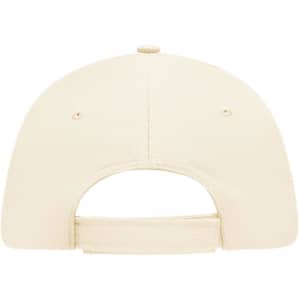A beige 5 Panel Sandwich Cap featuring a rear adjustable strap and ventilation holes. Includes a logo.