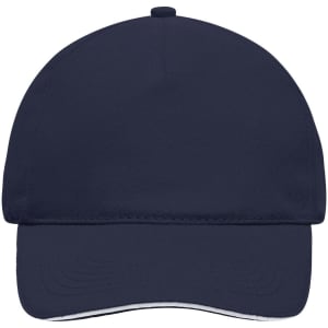 A navy 5 Panel Sandwich Cap featuring a curved peak and a logo on the front.