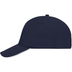 A navy blue 5 Panel Sandwich Cap with a curved brim and a logo on the side.