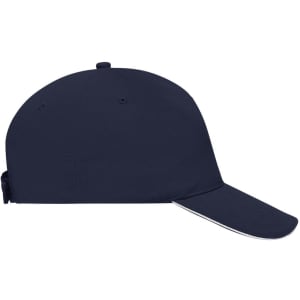 A navy blue 5 panel sandwich cap with a curved brim and a logo on the side.