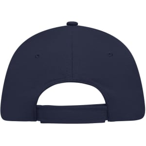 A navy blue 5 Panel Sandwich Cap featuring a solid back and adjustable strap. It has a logo or branding present.