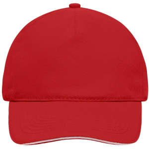 A red 5 panel sandwich cap with a logo on the front, featuring a classic structured design.
