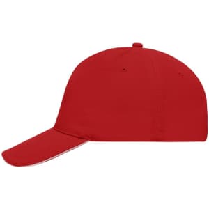 A red 5 Panel Sandwich Cap with a curved brim and a logo on the front.