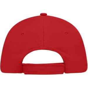 A red 5 Panel Sandwich Cap featuring a solid design and a back adjustable strap. It includes a logo on the side.