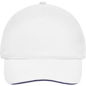 A white 5 panel sandwich cap with a curved brim and a branding logo on the front.