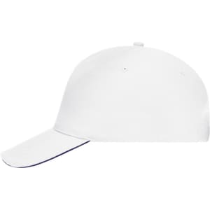 A white 5 panel sandwich cap with a contrasting trim and an adjustable strap at the back. It features a logo.