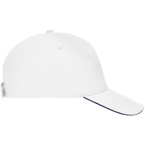 A white 5 panel sandwich cap with a curved brim and an adjustable strap at the back, featuring a logo.