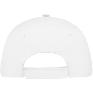 A white 5 panel sandwich cap featuring a flat brim and an adjustable strap at the back. It has a logo on the side.