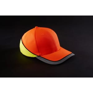 A neon cap featuring an orange body, yellow side panel, and grey brim. The cap has a logo on it.