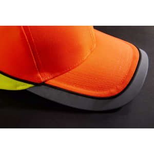 A vibrant orange cap with a grey brim and reflective yellow accents, featuring a logo.