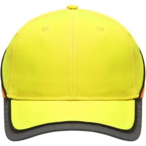 A neon yellow cap with an orange trim, featuring a logo on the front.