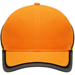 A bright orange cap with a black brim and accents, featuring a logo on the front.