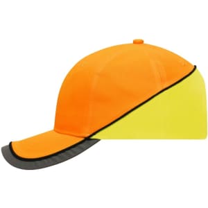A cap featuring vibrant orange and yellow panels with a black trim and a logo.