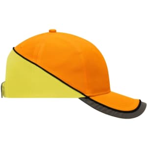 A cap featuring a vibrant orange and yellow design with a black trimmed visor and a logo on the side.